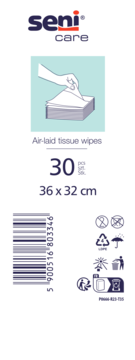 Białe opakowanie Seni Care chusteczek air-laid. Ilustracja dłoni, 30 sztuk, 36x32 cm. Widok z przodu.