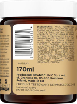 Tył brązującego kremu BRANDCLINIC 170ml w bursztynowym słoiku, z etykietą pokazującą składniki i kod kreskowy.
