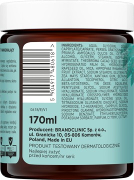 Tył brązowego słoiczka nawilżającego kremu Brandclinic 170ml, widoczne składniki i kod kreskowy.