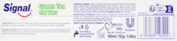 Tył opakowania pasty Signal Green Tea Herbal, białe, z kodem kreskowym, składem i logo Unilever.
