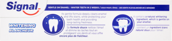 Signal Whitening toothpaste box, front view, blue and white with tooth icons and "Protective Whitening Enamel" text.