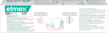 Elmex Sensitivity + Gum Care, biały panel opakowania z zielonym logo, tekstem i grafikami zębów.