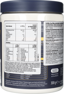 Tył białego opakowania WellMix Clear Whey 300g z granatową zakrętką, widoczne tabele odżywcze.