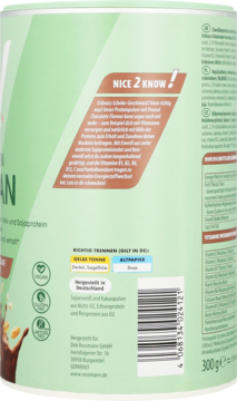 Tył zielonego opakowania WellMix Vegan Protein czekoladowo-orzechowego. Etykieta z niemieckim tekstem, kodem kreskowym i ikonami.