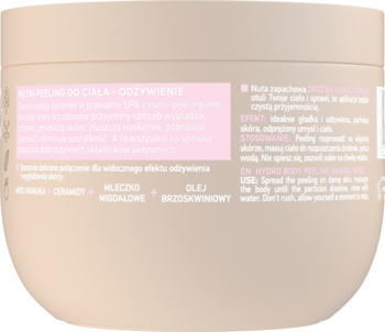 Tył beżowego słoika nutri-peelingu Bielenda Private Spa Sandalwood, ze składem i opisem użycia produktu.