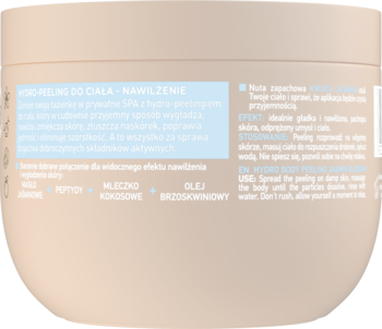 Tył beżowego słoika Bielenda Hydro-peeling do ciała jaśmin, widoczne składniki i instrukcja użycia.