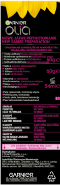 Tył czarnego opakowania farby do włosów Garnier Olia, widoczne informacje o zawartości, czasie aplikacji i danych dystrybutora.