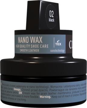Czarny krem Coccine Nano Wax '02 Black' do skóry gładkiej w okrągłym słoiku, widok z przodu i góry.