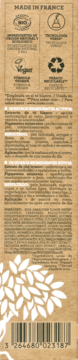 Tył opakowania organicznego kremu Nuxe Bio z ekstraktem z białej herbaty, brązowy karton, widoczny barcode.