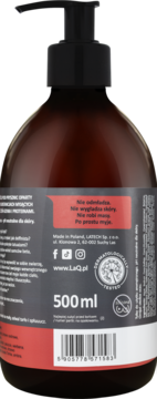 LaQ żel pod prysznic dla mężczyzn, brązowa butelka z czarną pompką, tył opakowania 500 ml.