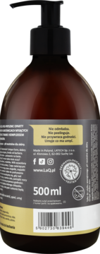 Tył brązowej butelki żelu LaQ Bad Boy 8w1 dla mężczyzn, z tekstem, 500 ml i kodem kreskowym.