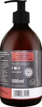 Tył brązowej butelki żelu pod prysznic LaQ 500ml, z czarną pompką, widoczne etykiety z polskim tekstem i kodem kreskowym.