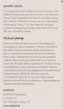 Ulotka z instrukcją użycia serum Mokosh Young i opisem serii, czarny tekst na jasnym papierze, widok z góry.