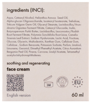 Tył beżowego opakowania kremu do twarzy, z czarną listą składników INCI, ikonami i napisem 60 ml.