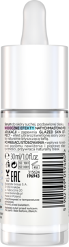 Tył białej butelki nawilżająco-rozświetlającego serum 30ml Glazed Skin Effect, widoczna etykieta z kodem i opisem.