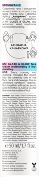 Tył opakowania kremu GLAZE & GLOW 50ml. Widoczna instrukcja użycia, składniki i logo cruelty-free.