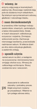 Fragment tylnej etykiety serum tołpa enzyme z opisem działania, składników aktywnych i instrukcją użycia.