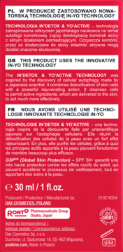 Tył czerwono-różowego opakowania kremu SPF 50+ na dzień. Widoczny opis technologii i dane producenta.