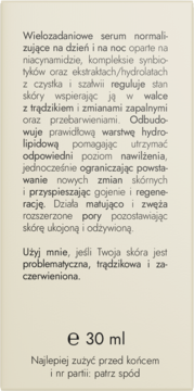 Tył opakowania serum normalizującego z niacynamidem 30ml, opis cech i zastosowania dla skóry problematycznej.