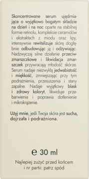Bok opakowania serum ujędrniającego NaturalME Vintage Garden, 30 ml, z polskim opisem dla skóry suchej/dojrzałej.