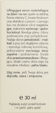 Tekst etykiety serum liftingującego NaturalME 30ml z witaminą C, opisujący działanie na skórę dojrzałą.