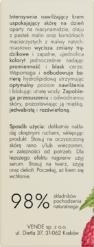 Tył etykiety nawilżającego kremu do twarzy Vende z niacynamidem, 98% naturalnych składników, opis PL.
