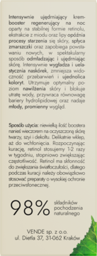 Panel opisowy kremu VENDE z retinolem: działanie odmładzające, skład 98% naturalny, sposób użycia.