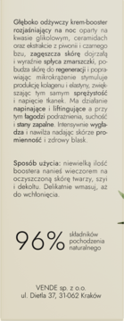 Bok beżowego pudełka kremu-boostera Vende na noc, z czytelnym tekstem i dużym napisem 96%.