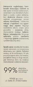 VENDE krem-booster złuszczający na noc, tył jasnobeżowego opakowania z czarnym tekstem, 99% naturalnych składników.