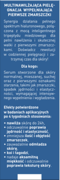 Niebieska etykieta serum wypełniającego, widok z przodu. Tekst: Multi-nawilżająca pielęgnacja wypełniająca pierwsze zmarszczki.