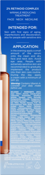 Side view of blue box for 2% Retinoid Complex Wrinkle Treatment, with product info and partially visible bottle.