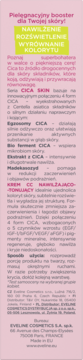 Opis kremu CC Eveline CICAskin na różowym tle, z wyróżnionym tekstem: nawilżenie, rozświetlenie.