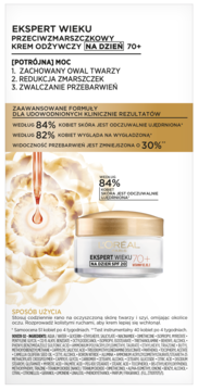 Reklama kremu L'Oréal Ekspert Wieku 70+ na dzień SPF 20. Biało-złoty słoiczek i infografika z tekstem o działaniu.