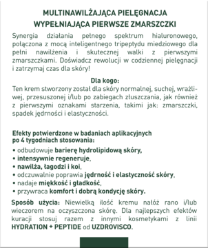 Panel opakowania kremu UZDROVISCO: tekst o wielonawilżającej pielęgnacji redukującej pierwsze zmarszczki.