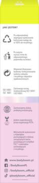 Tył opakowania enzymatycznego peelingu BodyBoom, żółto-różowe, z ikonami recyklingu, weganizmu (PETA), FSC, social media.