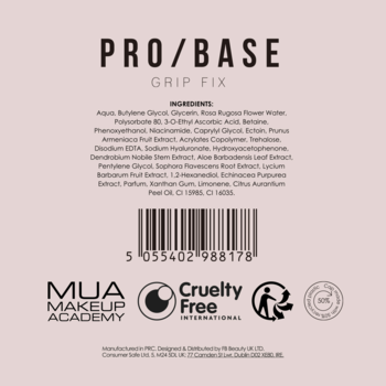 Tył różowego opakowania żelowej bazy MUA PRO/BASE Grip Fix Primer, z listą składników i logo Cruelty Free.