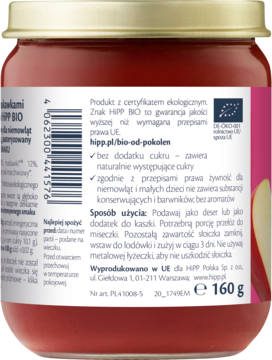 Tył słoiczka przecieru owocowego HiPP BIO dla niemowląt, z etykietą, kodem kreskowym i certyfikatem eko UE.