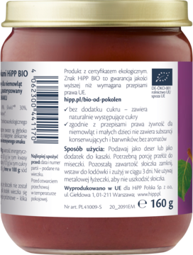 Tył szklanego słoika przecieru owocowego HiPP BIO, widoczne etykiety z polskim tekstem i kodem kreskowym.