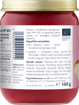 Tył słoika przecieru HiPP BIO 160g, widoczna etykieta z polskim opisem składu i certyfikatem BIO.