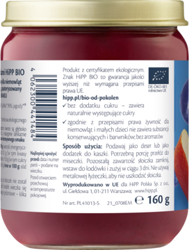 Tył słoiczka przecieru HiPP BIO 160g: etykieta z polskim tekstem, kodem kreskowym i informacjami o składzie.