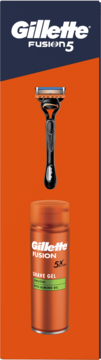 Zestaw Gillette Fusion 5: czarna maszynka i pomarańczowy żel z olejem migdałowym, widok z przodu, niebiesko-pomarańczowe tło.