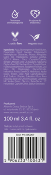 Tył opakowania masełka Momme Kicia Kocia, lista składników, pojemność 100ml, oraz kod kreskowy.