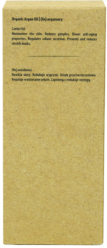 Tył brązowego opakowania organicznego oleju arganowego. Opis: nawilża skórę, redukuje wypryski, działa przeciwstarzeniowo.