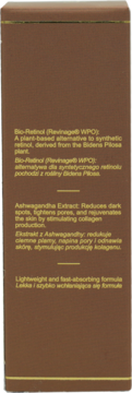 Bok brązowego opakowania serum z Bio-Retinolem i Ashwagandhą. Widoczne opisy składników i korzyści produktu.