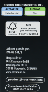 Tył opakowania świecy Domol Luxury Black: instrukcje recyklingu, certyfikat FSC, dane producenta Rossmann.