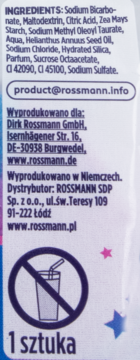 Tył opakowania tabletki do kąpieli bąbelkowej Superbohaterowie, z listą składników i ikoną ostrzegawczą.