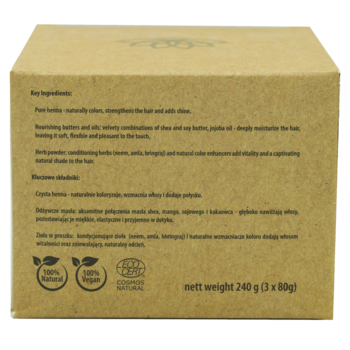 Tył brązowego opakowania Sattva henna w kostce Pure Red. Widoczne składniki, certyfikaty i waga 240g.