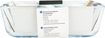 Szklane prostokątne naczynie żaroodporne Glasslock, widok z przodu, z białą etykietą i wymiarami.