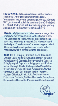 Tył opakowania Babydream płynu do kąpieli na przeziębienie, z widoczną listą składników i znakiem Vegan.