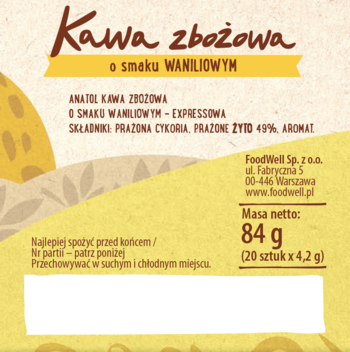 Tył opakowania kawy zbożowej Anatol o smaku waniliowym. Widoczna masa netto 84g i dane FoodWell.
